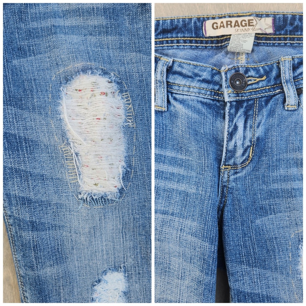 Garage‎ Skinny Distressed Jeans Size 5 Ripped floral Low rise y2k  Light Wash